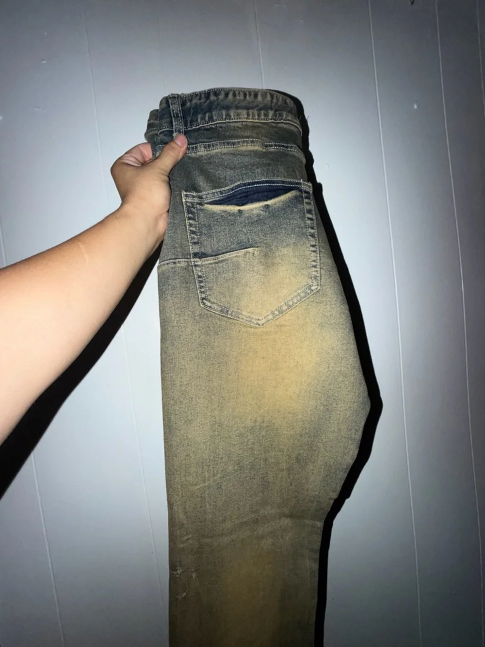 Men's Distressed Olive-Green Jeans with Embellishment - Picture 3 of 7